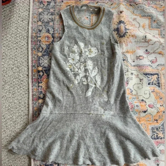 NWOT Anthropologie Knitted And Knotted Gray Gold Floral Wool Peplum Dress Large - Picture 1 of 8